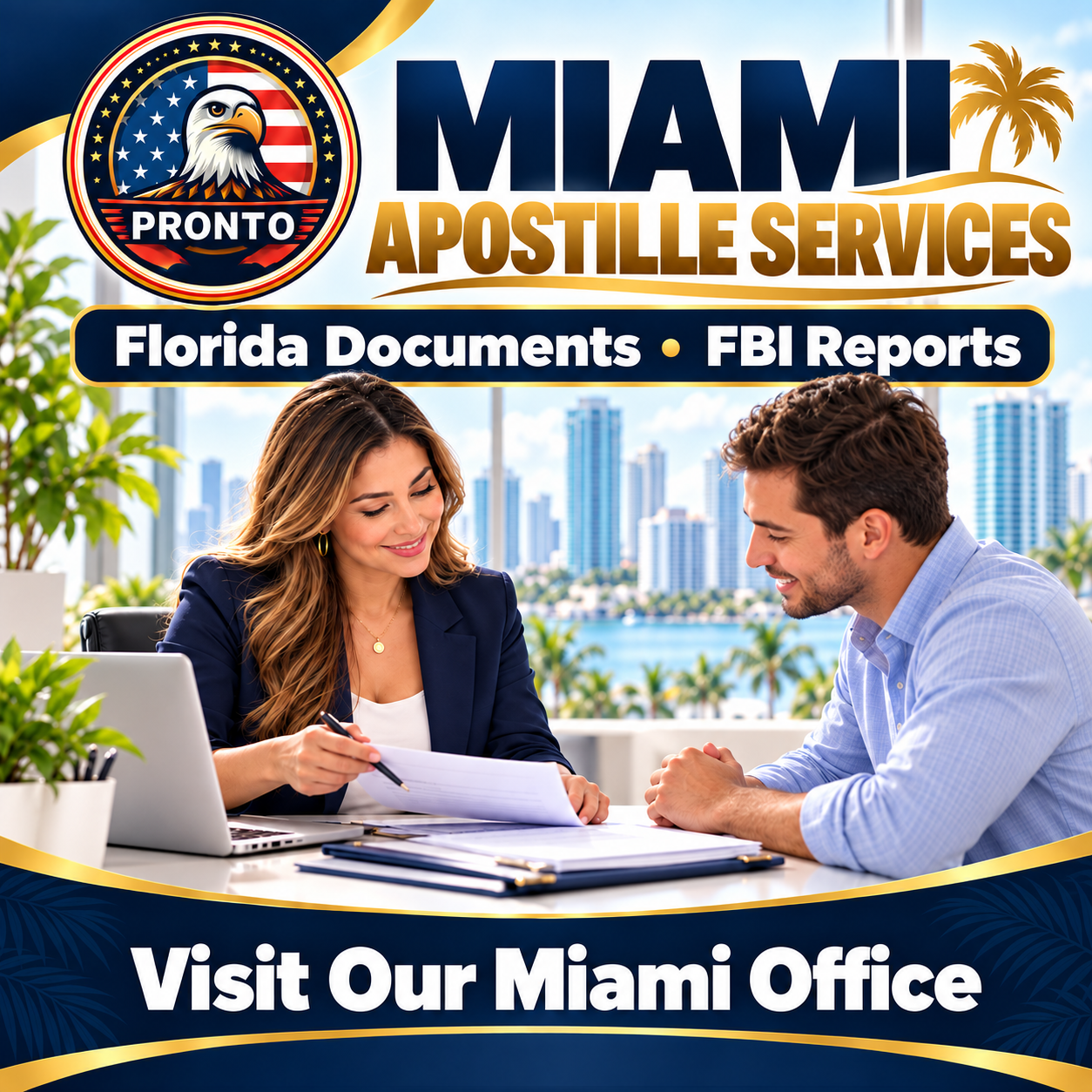 PRONTO Miami apostille services. Visit our Miami office for Florida documents and FBI reports.
